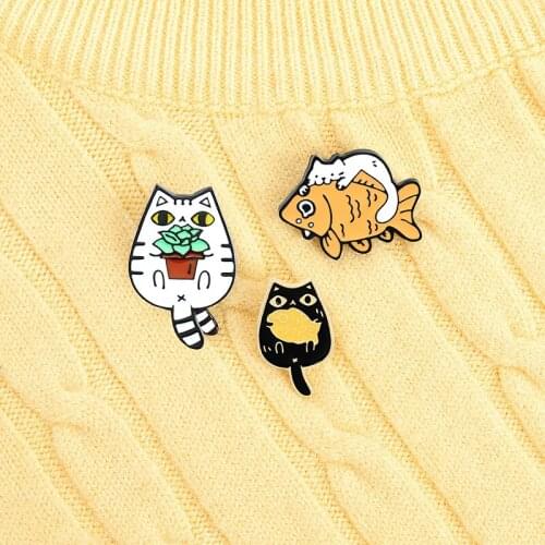 Cats and Fish cactus Enamel Pins Custom Funny Animal Brooches Bag Clothes Lapel Pin Cute Kitten Badge Jewelry Gift for Friends