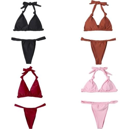 Meihuida 2021 2 Pieces Swimwear Set, Summer Solid Color Strappy Halterneck Bikini Tops+ Bikini Panties for Women S/M/L Swimwear