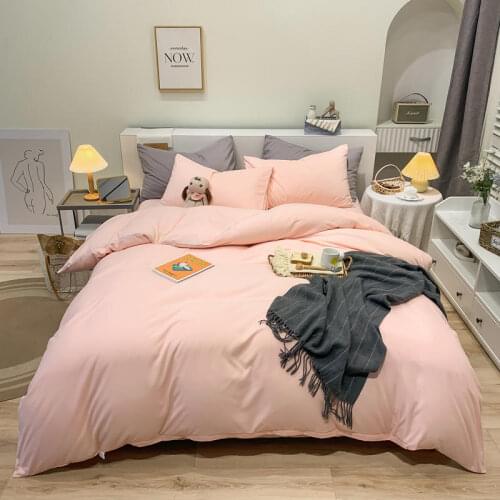 4pcs Quilt Cover Set Queen King Size Bruched Bedding Pink Color Plain Dyed Minimalist Style Duvet Cover Sets 220x240
