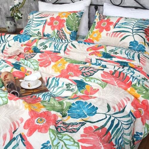 4Pcs Printed Flower Washed Cotton Linen Bedding Set Thicker Floral Linen Duvet Cover Quilt Cover Set Flat Bedsheet 2 Pillowcases
