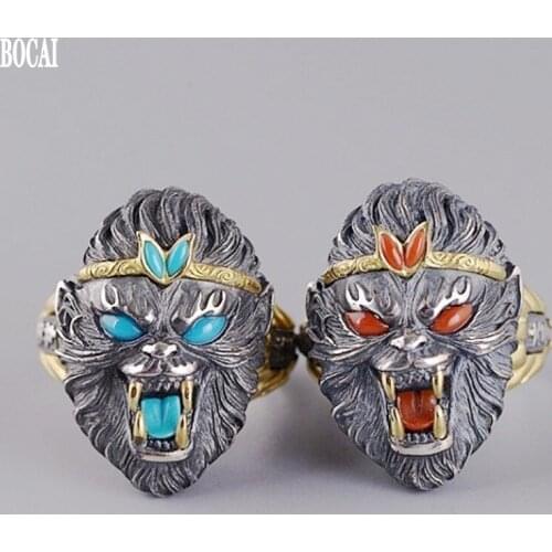 BOCAI 100% real S925 pure Silver Jewelry Vintage Thai and Silver Monkey King Ring for Man Inlaid Red Agate / Turquoise Man Rings
