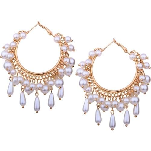 New Luxurious Simulated Pearl Hoop Earrings Tassel Water Drops Circle Earring Hollow Round Ear Hoops For Bride Wedding Jewelry