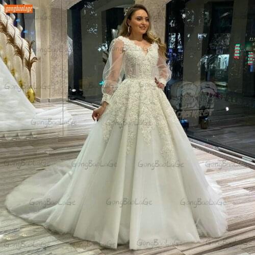 Fashion V Neck Wedding Gowns 2021 Long Puff Sleeves Vestido De Noiva Lace Up Chic Appliqus Bride Dresses Ball Gown Suknie Slubne