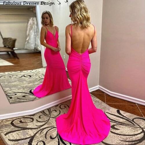 Fashion Fuchsia Mermaid Prom Dresses Sexy V-neck Backless 2021 Long Evening Dress Women Sweep Train Custom Made Robes De Soiree