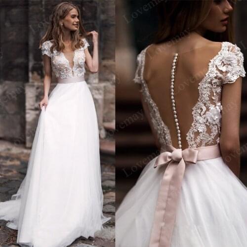 Short Sleeves Beach Wedding Dresses 2021 3D Flowers A Line Bridal Gown Lace Appliques Vestidos De Novia Boho Bride Dresses