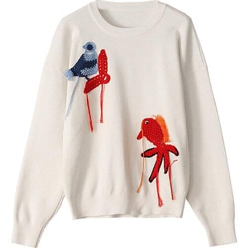 Saythen 2021 Winter Womens Pullover Long-Sleeved Round Neck Goldfish Bird pattern Black And White Embroidery Slim Knit Sweater