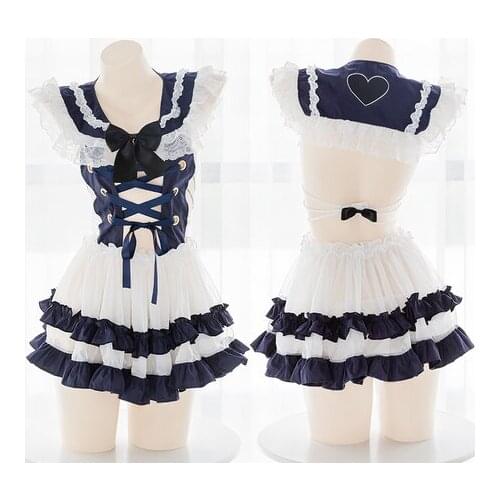 Sexy Lolita Lace Perspective Backless Hollow out Cross Bandage Navy collar Uniform Short Skirt Suit Nightdress Underwear Set