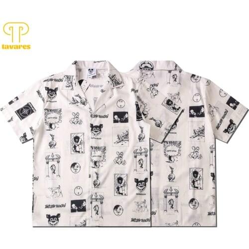 TAVARES Casual Shirts Anime Comics White Men Summer Short Sleeve Shirt Hawaiian Beach Button Up Shirt Vintage Harajuku Cardigan