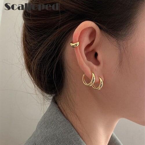 SCALLOPED Vintage Round Gold Hoop Earrings Female Individuality Minimalist Quality Metal Dangle Ear Ring Charm Women Jewelry