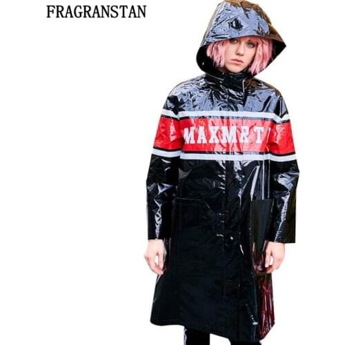 Female Spring Autumn Black Bright Surface Hooded Coat Women Fashion Hit Color Letter Print High Quality Plus Size Jacket JQ700