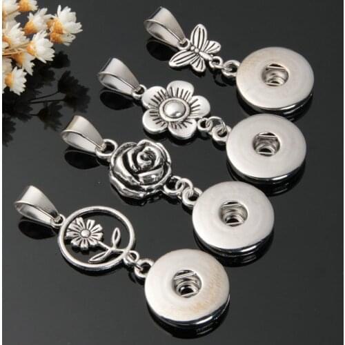 10Pcs Mix Flower Snap Buttons New Dangle Pendent Silver Plated Fit 18mm Big Snaps Jewelry Womens Fashion Necklaces