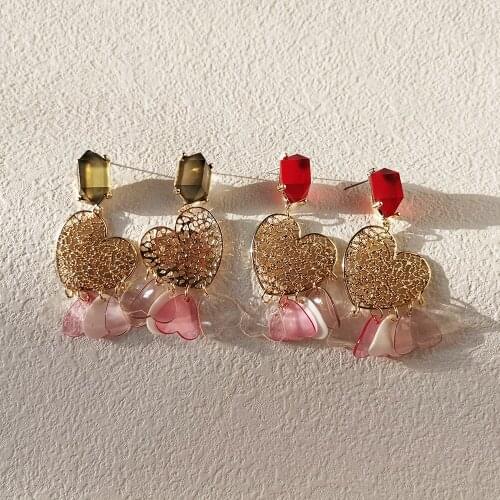 Lost Lady Enamel Hanging Earrings for Women Gold Color Alloy Transparent Love Heart Dangle Earrings Vintage Jewelry Party Gift