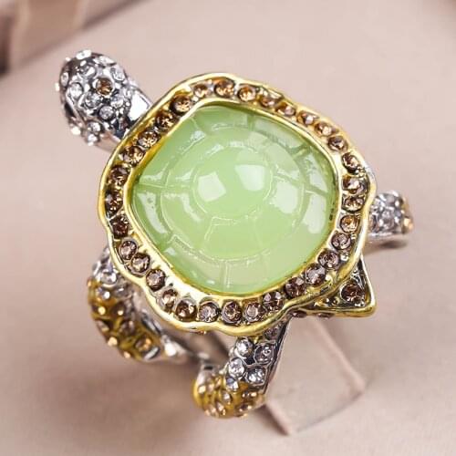 Bohemian Fashion Cute Turtle Rings Crawl Animal Green Turtle Shell Rhinestone Rings For Women Girl Glamour Jewelry Gifts P3M428