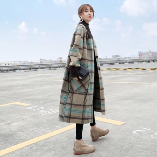 Women 2020 Autumn Winter Plaid Thick Warm Woolen Coat Female V-neck Pockets Casual Wool Coat Ladies Single Breasted Outwear Y147