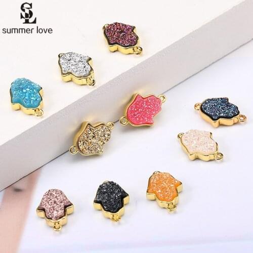10PCS Golden Resin Druzy Pendant Accessories Hamsa Hand Connector Charms for Necklace Bracelet Diy Handmade Jewelry Findings