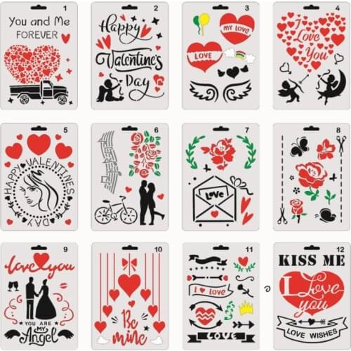12pc Stencils Valentines Day Decor DIY Walls Layering Painting Template Scrapbook Embossing Office School Supplies Reusable