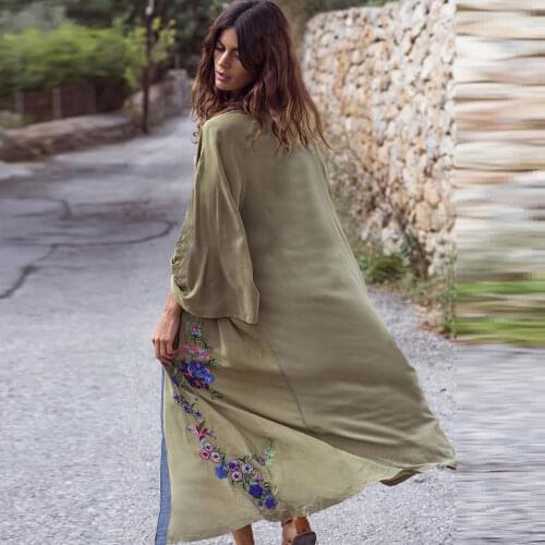 2021 Army Green Bohemian Embroidered Front Open Long Women Tops Blouse Sexy Summer Beach Wear Kimono Cardigan Robe Shirts