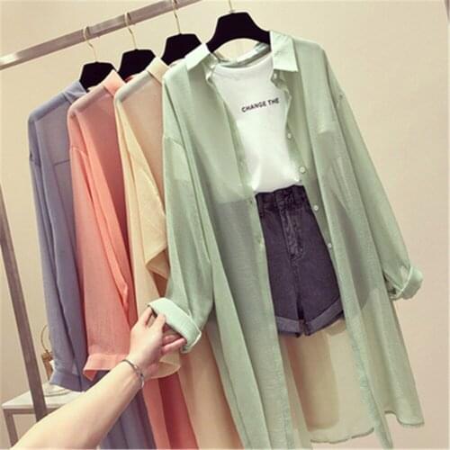 2021 Summer See Through Blouses Women Turn-down Collar Loose Tops Blouses Plus Size Chiffon Kimono Cardigans Black White Shirts