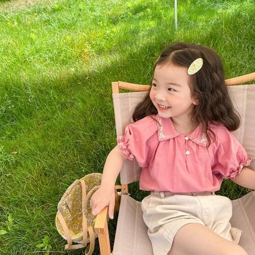 Summer floral embroidery turn-down collar blouses for girls cotton solid color short sleeve Tops