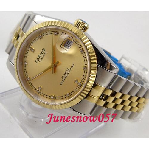 Parnis 36mm MIYOTA821A movement watch men women golden dial Diamond marks bracelet date display sapphire glass Automatic 597
