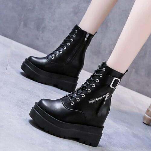 Black Boots Women Autumn Shoes Fashion Zip Woman Hidden Heel Boot 2020 Autumn Leather Platform Boots For Women Shoes Ladies Boot