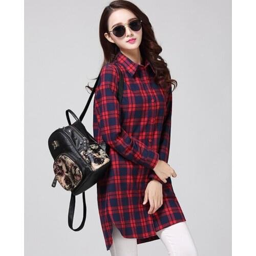 Pure Cotton Long Loose Checkered plaid College blouses shirt Cage female long sleeve Casual women Blouse shirt office lady tops