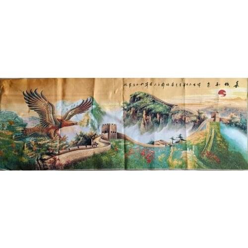 1.6M Super size Chinese Folk Silk Embroidery Eagle and the Great Wall Thangka Tangka Painting Mural