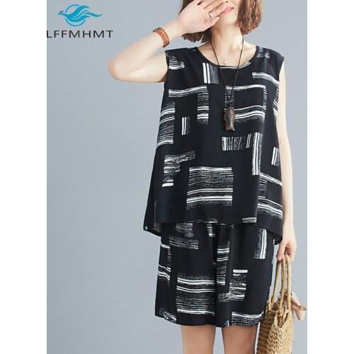 Women Summer New Fashion Geometric Print Ladies Suit Female Sleeveless T-shirt Wide-leg Shorts Loose Cotton Linen Two-piece Sets