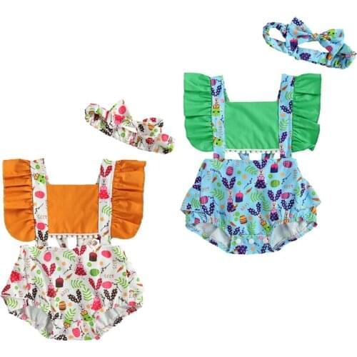 Summer Baby Girls Boys Rompers Cartoon Rabbit Floral Print Ruffles Sleeve Backless Jumpsuits Headband