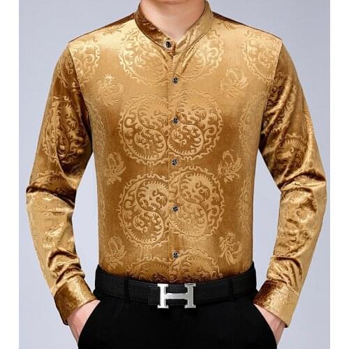 Mens Tang Chinese Winter Thick Shirts Warm Gold Dragon Shirts Mens Thermal Velvet Clothing Mandarin Collar Dress Claret New Year
