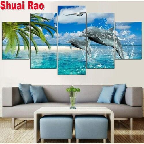 5Panel Dolphin Animal Sea Landscape Diamond Embroidery Multi-Picture 5D Diamond Painting Cross Stitch Kits Mosaic Set New Arriva