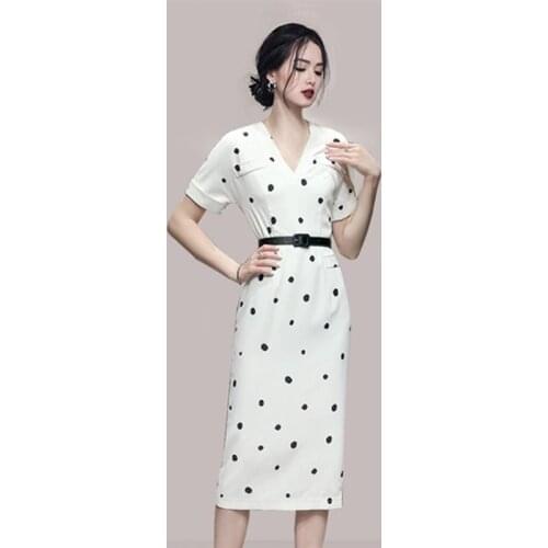 LLZACOOSH New 2021 Summer Elegant Party Dress V Neck Short Sleeve Polka Dot Simple Slim Womens Dresses With Belt