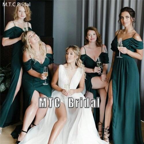 Wholesale Long Green Bridesmaid Dresses High Slit Spaghetti Strap Sexy Maid Of Honor Dress Plus Size Women Wedding Party Gown