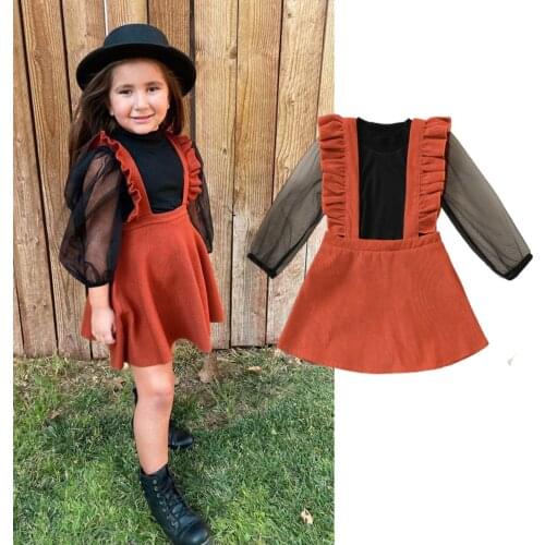 2Pcs Kids Baby Girls Clothes Sets 2021 Autumn Mesh Puff Long Sleeves Knit Tops + Ruffle Suspenders Skirts Children Casual Outfit