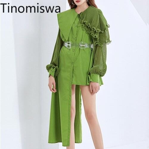Tinomiswa Women Ruffles Irregular Oversized Blouse New Lapel Lantern Sleeve Loose Fit Shirt Fashion Spring 2021 Lady Top A2474