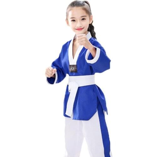 Professional Blue White Cotton Taekwondo Uniforms Children Adult Unisex Long Sleeve Taekwondo Dobok Clothes Suit Clothing T58