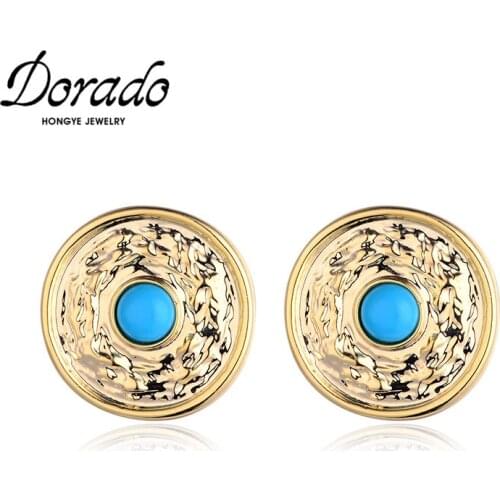 Dorado Vintage Round Stud Earring for Women Girls Simple Punk Fashion Jewelry Brincos Gold Color Metal Blue Bead Charms 2021