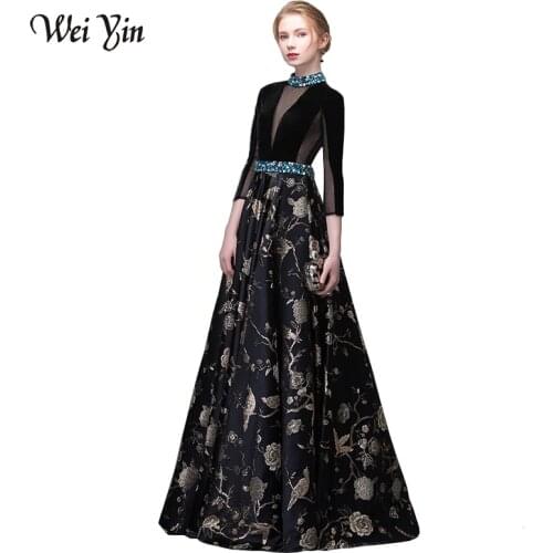 Wei yin 2021 New Vintage Black High-end Evening Dresses Long Sleeved Velour with Satin Luxury Crystal Prom Party Gown Custom