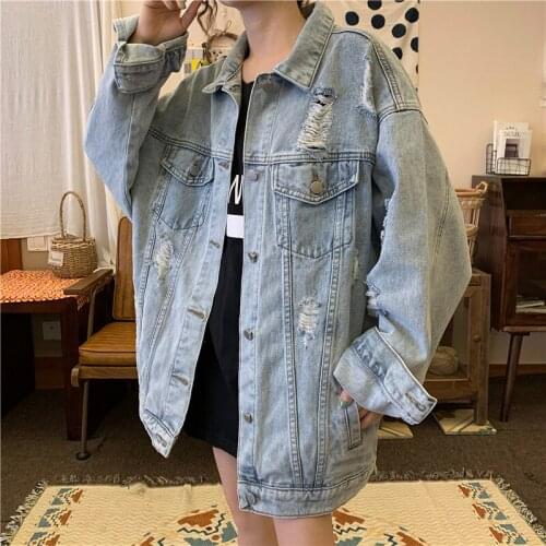 Plus Spring Autumn New Hole Denim Jacket Women 2021 Korean Fashion Loose Vintage Fashion All-Match Jeans Ladies Clothing A595