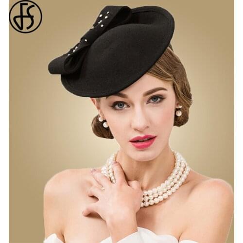 FS Black Fascinator Hats Women Elegant Wool Pillbox Hat For Wedding Ladies Formal Derby Dress Rhinestone Bowknot Felt Fedora