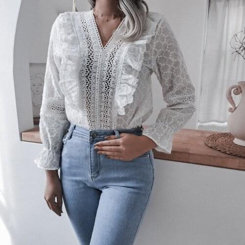 XIKOI Deep V Neck Collar Hollow Out Flower Lace Patchwork Shirt Femme Blusas All-match Women Blouse Chic 2021 New White Top