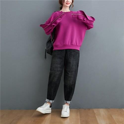 Autumn Winter 2020 New Ruffle Zipper Stitching Solid Color Sweatshirt Large WomenS Long Sleeve O Neck Bottoming Shirt Warm Top