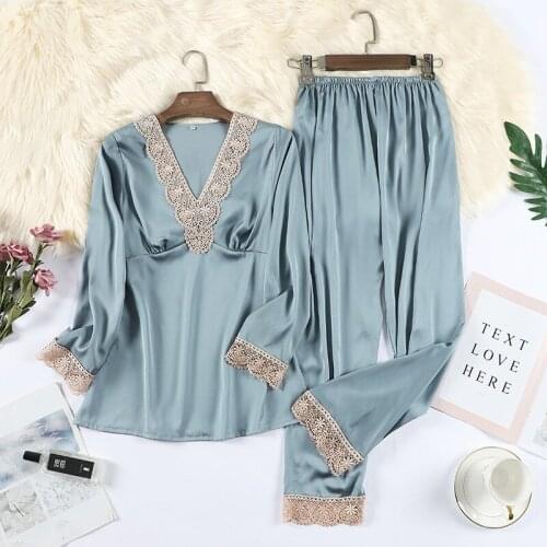 Lady V-Neck Top&Pant 2PCS Sleep Suit Lace Trim Lounge Sleepwear Loose Faux Silk Home Clothes Spring Autumn Full Sleeve Nightwear