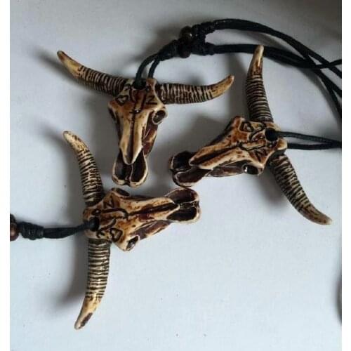 12 pcs Fashion Vintage Bull Head Pendant Necklace Retro Yak Bone Charm Adjustable Punk Jewelry