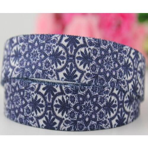 16mm blue aztec flower printed polyester webbing fold over elastic ribbon hair bow wristband band 20 yards