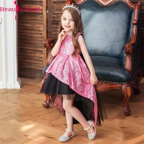 Shine Sequined Flower Girl Dress for Halloween Party Cute Short Before Long After Girls Ball Gown Kids Party Communion Dress