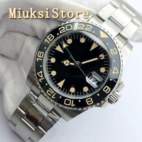 BLIGER 40mm silver case ceramic bezel sapphire glass black sterile dial luminous mens top casual business GMT automatic watch