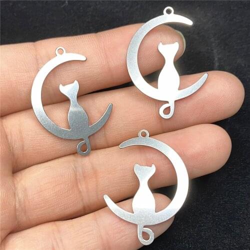 Big Half Moon Cat Pendant 5pcs 23*33mm Stainless Steel Sitting Cat moon Fashion Charms Bracelet findings Diy Jewelry Making