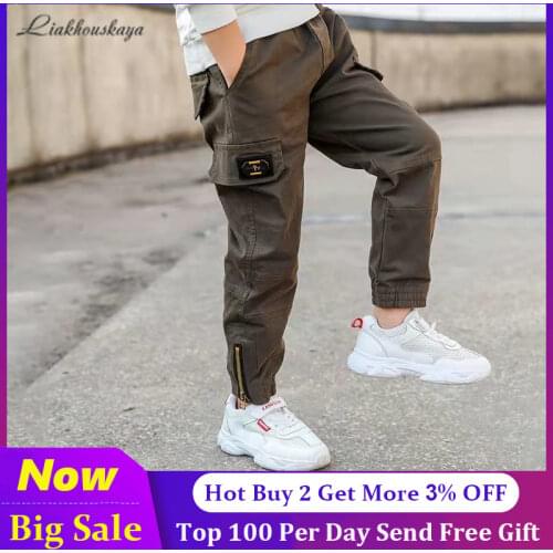 New Trend Clothing Teenage Boys Pants Cotton Cargo Pants Multi-Pocket Children Korean Sweatpants Elastic Waist Harem Kids Pants