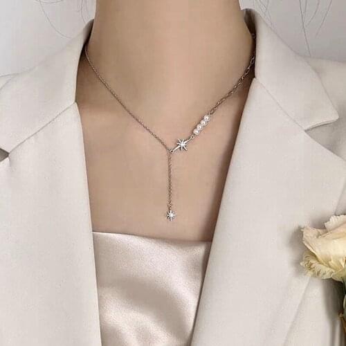 Elegant Eight-pointed Star pendant Pearl choker Necklace for Women Girls Stainless Steel Tassel Clavicle Chain Collar Fashion